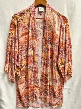 KNOX ROSE BOHEMIAN PAISLEY KIMONO CARDIGAN, ORANGE, GOLD, TERRA COTTA SIZE M/L